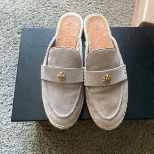 Tory Burch Tan Suede Mules with Gold Accent